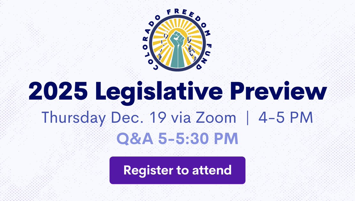 Save the date for CFF's (virtual) 2025 Legislative Preview Thur. Dec. 19 at 4PM! We’ll discuss our two priority bills and fill you in on carceral bills we expect to see. Spoiler alert: we'll be talking about municipal courts again! 

Register to attend: us06web.zoom.us/webinar/regist…