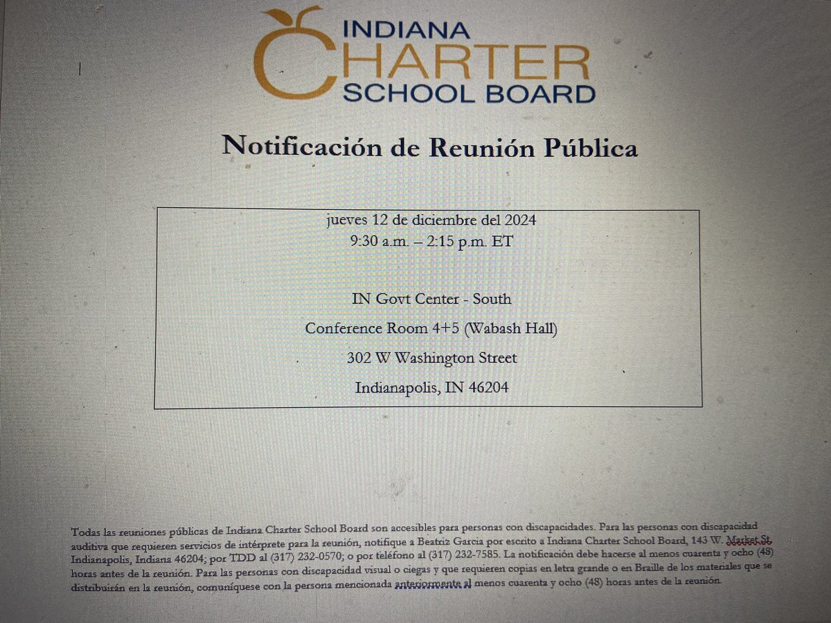Indiana Charter School Board (ICSB) (@incharterboard) on Twitter photo <a href="/INCharterBoard/">Indiana Charter School Board (ICSB)</a>
Notice of Public Board Meeting
Thursday, December 12, 2024
9:15am -2:15pm ET
in.gov/icsb/board-mee… <a href="/INCharterBoard/">Indiana Charter School Board (ICSB)</a>
Notice of Public Board Meeting
Thursday, December 12, 2024
9:15am -2:15pm ET
in.gov/icsb/board-mee…