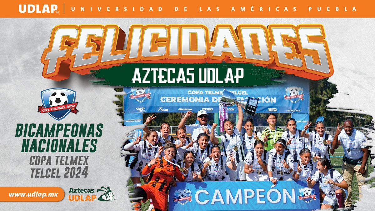 aztecasudlap's tweet photo. ¡Felicidades, Aztecas UDLAP! 🙌
Nuestro equipo de fútbol femenil se corona bicampeón de la @Copatelmex 🏆⚽. Este logro es el reflejo de su arduo trabajo, dedicación y excelencia tanto en el deporte como en su formación académica. 🔥
#OrgulloAzteca https://t.co/pp3qTRdMcO