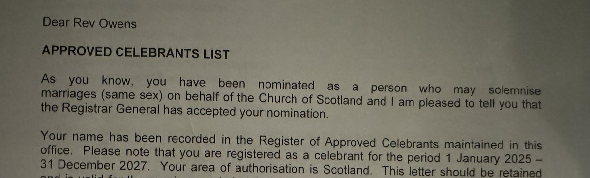 Delighted today to receive authorisation to conduct same sex marriages on behalf of Church of Scotland from 1st January ✝️🏳️‍🌈