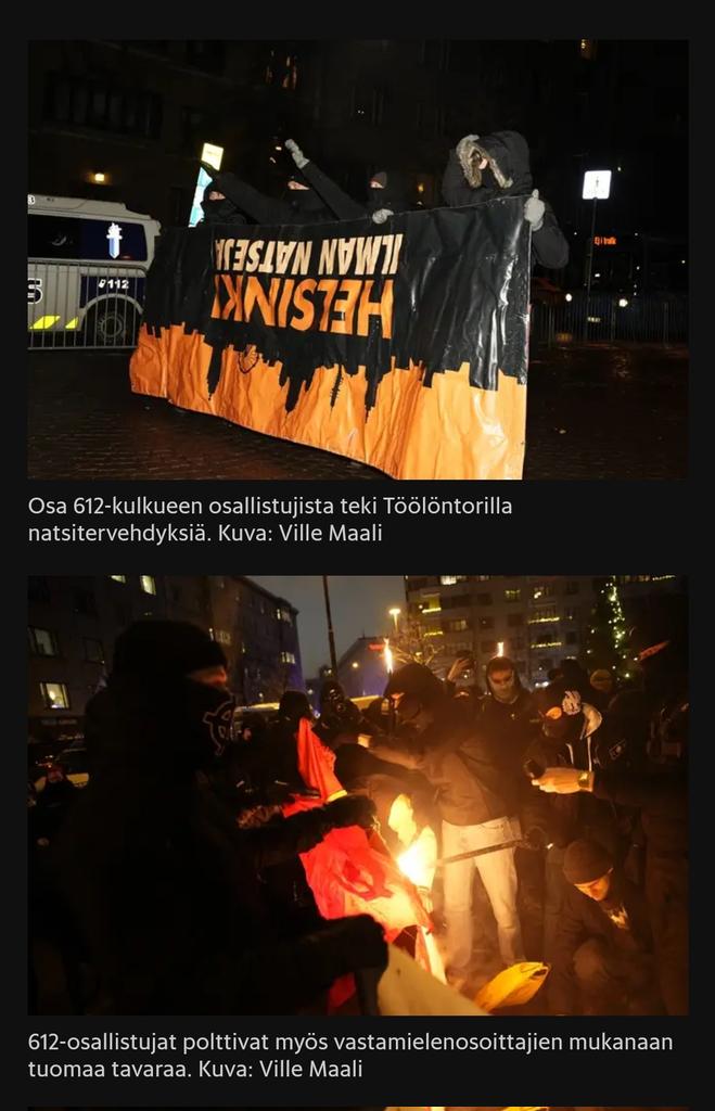 CoelThomas's tweet photo. Kansanedustaja Keskisarja käveli 612-natsimarssissa sinimustan liikkeen puheenjohtajan Tuukka Kurun vieressä.

Vastamielenosoittajien bannerin varastaneet ja polttaneet tekivät natsitervehdyksiä.

Persut normalisoivat fasismia Suomessa. https://t.co/zNUIr8txdI