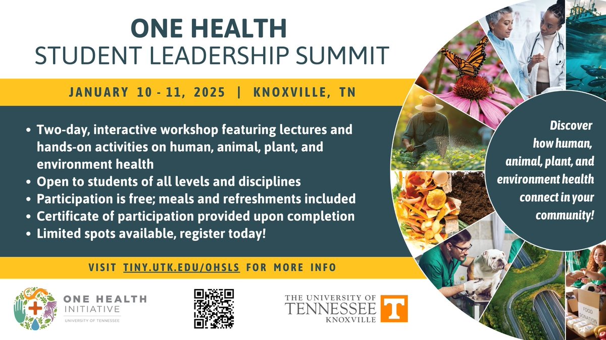 UTOneHealth's tweet image. Registration for the One Health Student Leadership Summit is OPEN! Explores interdisciplinary topics that shape our world thru a mix of expert lectures & hands-on activities. Held Jan. 10-11, it's open to students of all levels & disciplines - more at tiny.utk.edu/OHSLS