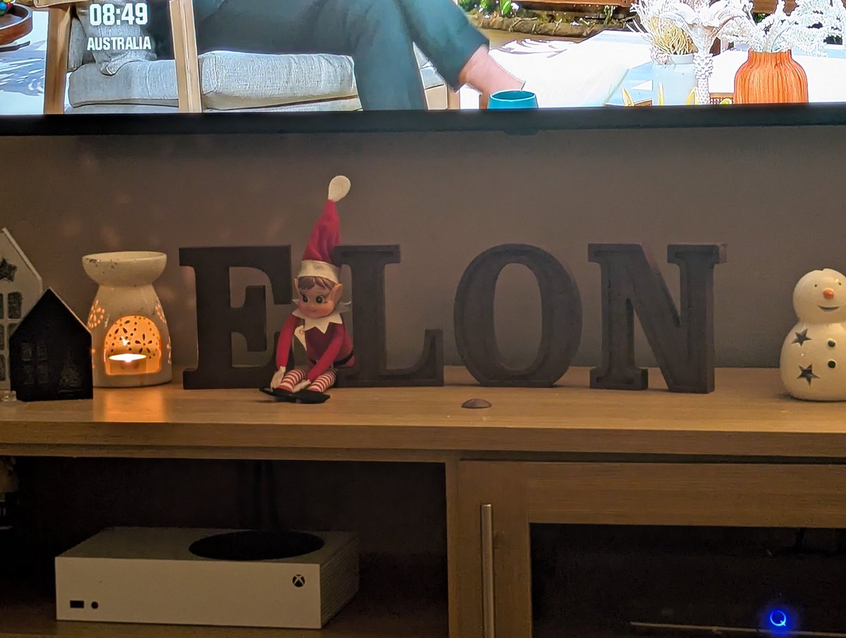 elliemaud's tweet photo. @elonmusk when the elf aka husband keeps changing our Xmas Noel to his favourite space guy! Merry Christmas Elon welcome to the prices 🤣 https://t.co/Zib7BJ4fIE