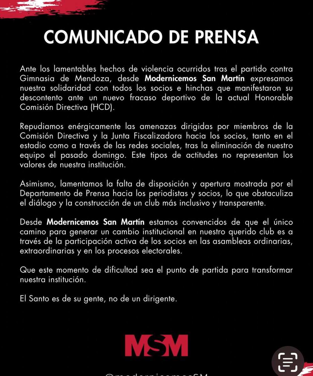 <a href="/ModernicemosSM/">Modernicemos San Martín</a> también emitió un comunicado sobre la eliminación de #Sanmartintuc y los hechos de violencia en el estadio. Además, hizo foco en amenazas de dirigentes hacia socios de la institución.