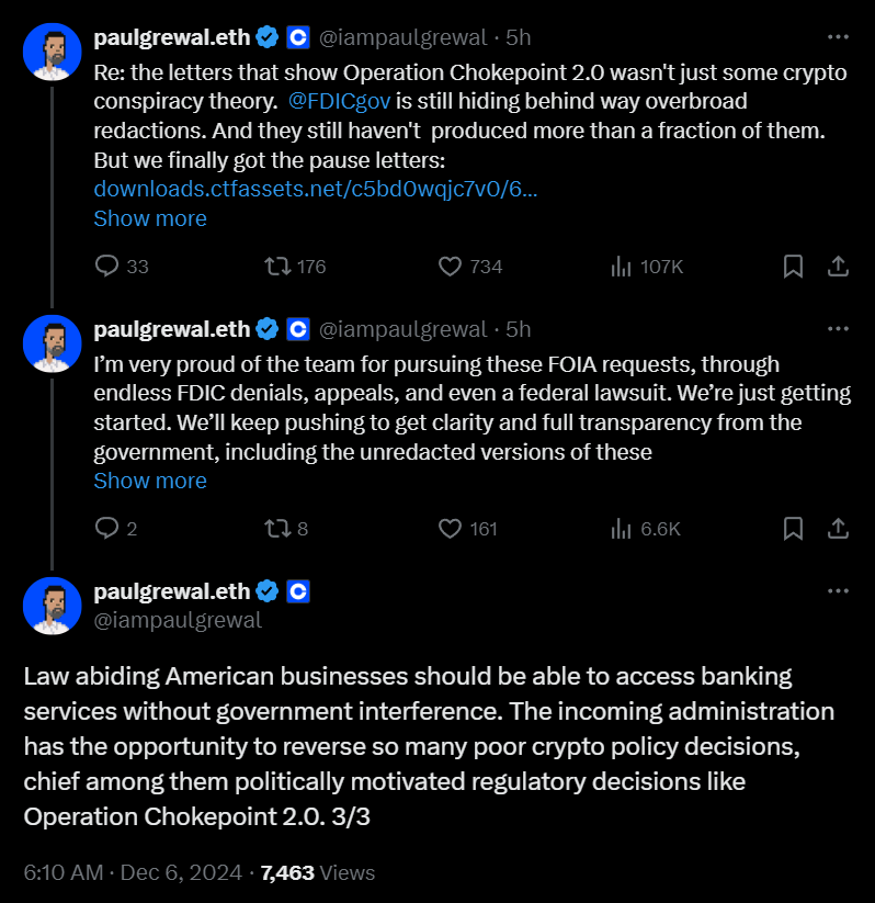 Cointelegraph's tweet photo. 🇺🇸 TODAY: Coinbase's Paul Grewal says new FDIC letters show US banks were told to ‘pause’ crypto activities. https://t.co/iXmAPoHiZx