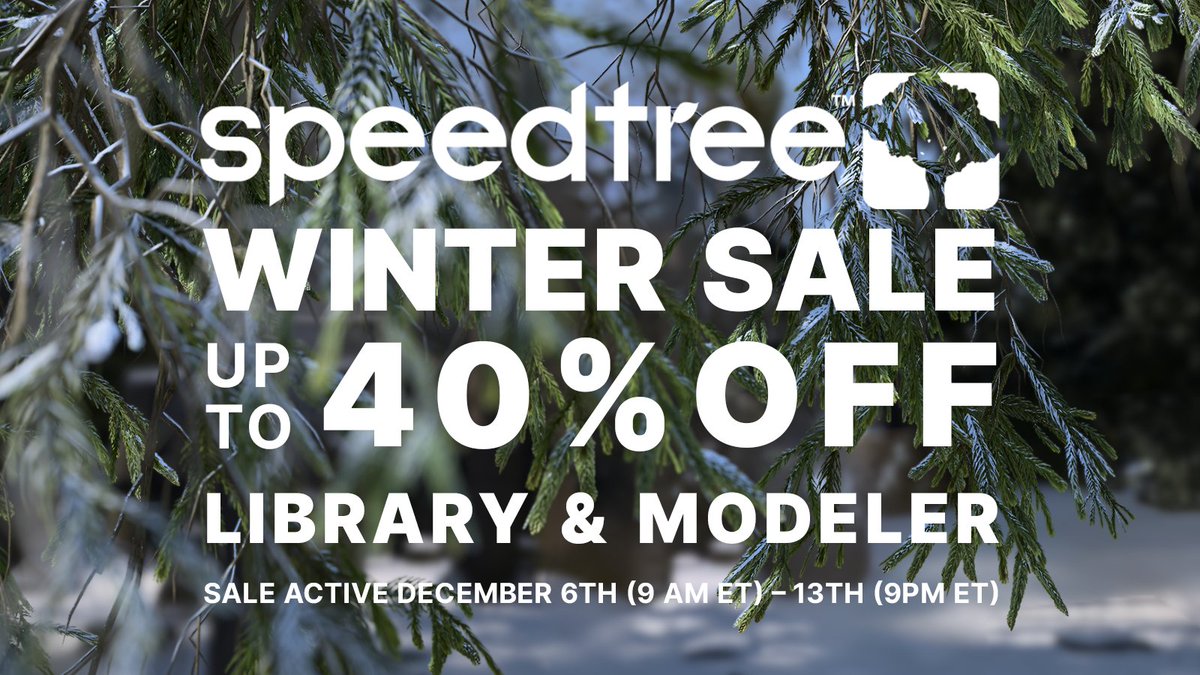 Spruce up your scenes this holiday season with tree-mendous savings! 🌲 Get 40% off all trees in our library, 40% off all Indie subscriptions and 20% off the #SpeedTree Modeler pro. Don’t wait—shop the sale before it’s gone!
👉 store.speedtree.com
#sale #wintersale #software