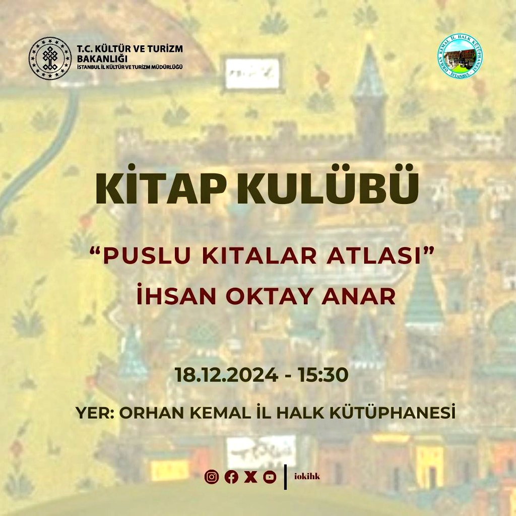 iokihk's tweet photo. Bu ay Kitap Kulübümüzde İhsan Oktay Anar'ın tüm zamanlarda en çok sevilen ve okunan eserlerinden olan "Puslu Kıtalar Atlası" isimli eseri tahlil edilecektir. 
Tahlil grubumuza dâhil olmak isterseniz lütfen bizimle iletişime geçin!
Katılım kontenjanla sınırlıdır.
@KTBKYGM @iktm34 https://t.co/l4KpEwS3FV