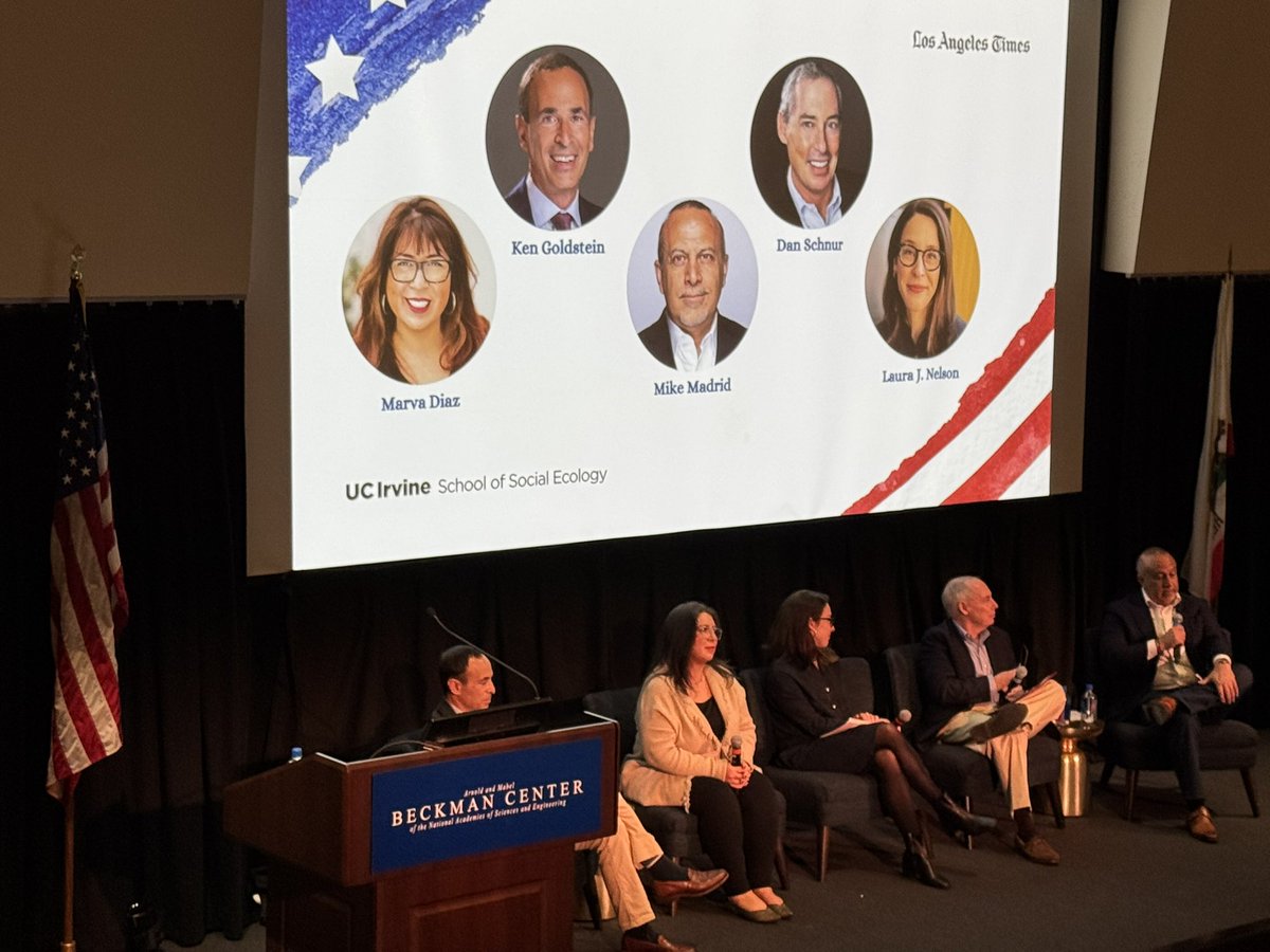 newsterrier's tweet photo. Drawing on her reporting, demographics + numbers, @laura_nelson moderates a @UCIrvine #Election24 session, digging into key #California #Congressional races - touching on partisan loyalty, #OrangeCounty voters, pro-choice dominance and is the state shifting to the right? https://t.co/YD5Q3pl7YC