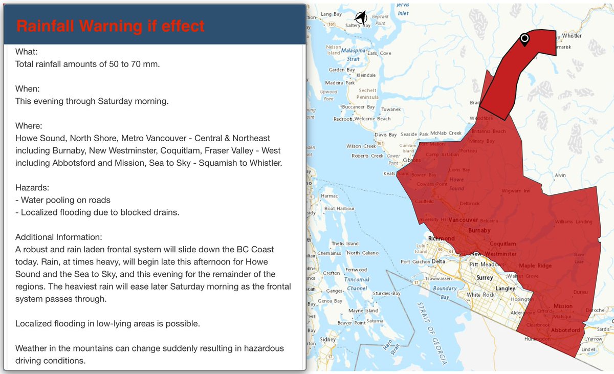 RyanVoutilainen's tweet image. Rainfall Warning issued for parts of the #LowerMainland:

&amp;gt; #HoweSound, #SeaToSky
&amp;gt; #FraserValley - West, inclg #Abbotsford
&amp;gt; Metro #Vancouver Central, inclg Vancouver, #Burnaby, #NewWestminster; #NorthShore, and; NE inclg #TriCities, #MapleRidge

#BCstorm #BCstormwatch #BCwx
