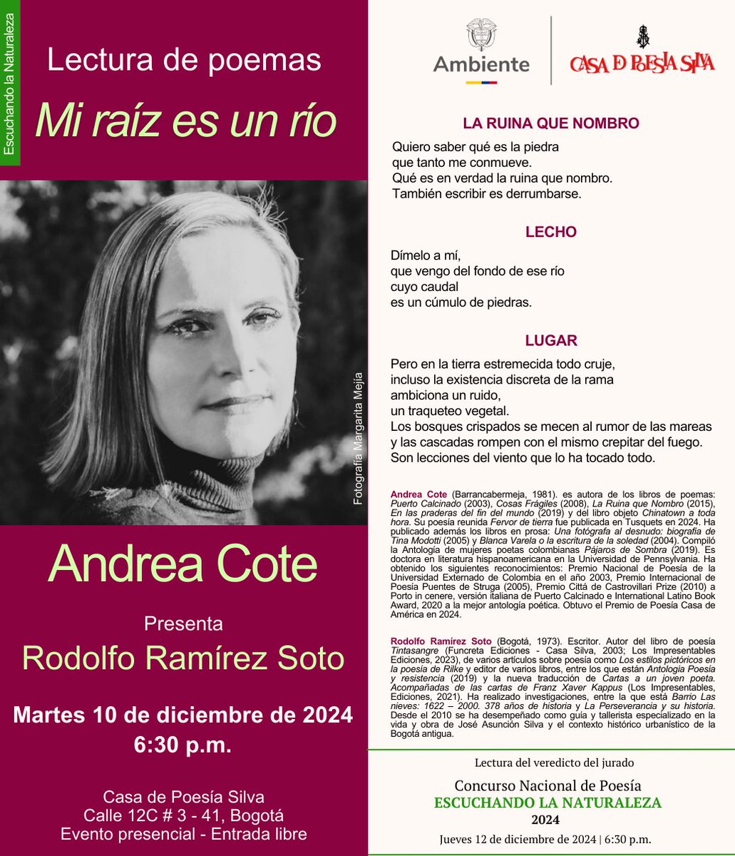 PoesiaSilva's tweet photo. 🌿✨ Lectura de poemas: Mi raíz es un río con la poeta Andrea Cote.

La poeta Andrea Cote nos invita a recorrer los paisajes de su obra.
🍃Presenta Rodolfo Ramírez Soto

🗓️ Martes 10 de diciembre
⏰ 6:30 p.m.
📍 Casa de Poesía Silva, Calle 12C # 3-41, Bogotá
🎟️ Entrada libre https://t.co/Sp6uFnbhhk