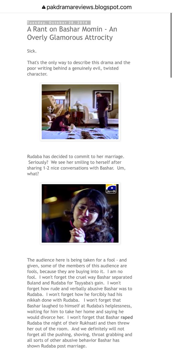 SophiaAQ's tweet photo. @KhyberSKY I’m including my own reviews here with the date included so you can see I was reviewing in real time. #BasharMomin raked in high TRPs and viewership and also earned the criticism of critics. #PakistaniDramas https://t.co/uzhXDJoY3B