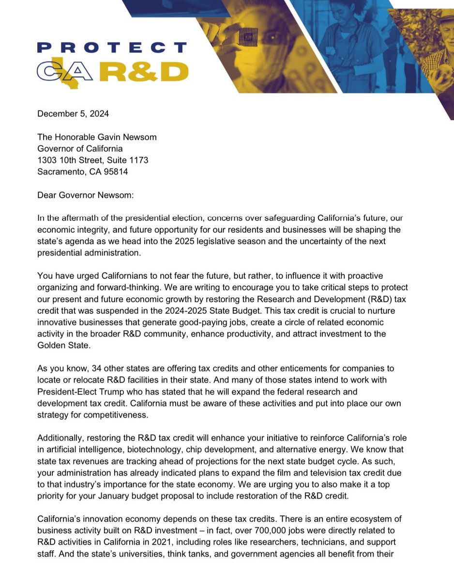TarynLuna's tweet photo. As Newsom prepares his January budget proposal, business leaders from @CalChamber @cmta and others urge him to restore the R&D tax credit, reminding him that 34 other states offer similar incentives and CA needs to remain competitive. https://t.co/LeO9UZLIQp