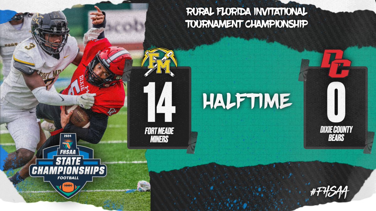 FHSAA's tweet photo. 🏈🏆Rural Florida Invitational Tournament Football Championship 🏈🏆
Halftime:
@FMMSHS -14
#DixieCounty -0
The Miners of Fort Meade lead 14-0 over Dixie County in the Rural Florida Invitational Tournament Football Championship! https://t.co/0uwr6Ugreo