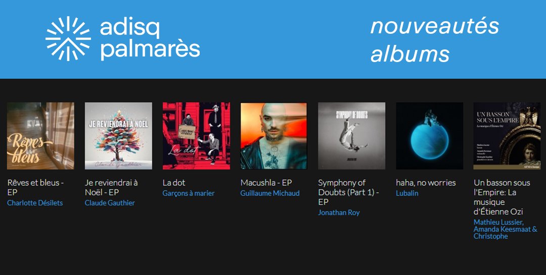 Adisq (@adisq_) on Twitter photo Nouveautés albums sur #PalmarèsADISQ ➡️ palmaresadisq.ca/fr/nouveautes/
Découvrez les nouveaux albums de <a href="/JonRoyOfficial/">Jonathan Roy</a>, Charlotte Désilets, Claude Gauthier et plus encore. Nouveautés albums sur #PalmarèsADISQ ➡️ palmaresadisq.ca/fr/nouveautes/
Découvrez les nouveaux albums de <a href="/JonRoyOfficial/">Jonathan Roy</a>, Charlotte Désilets, Claude Gauthier et plus encore.