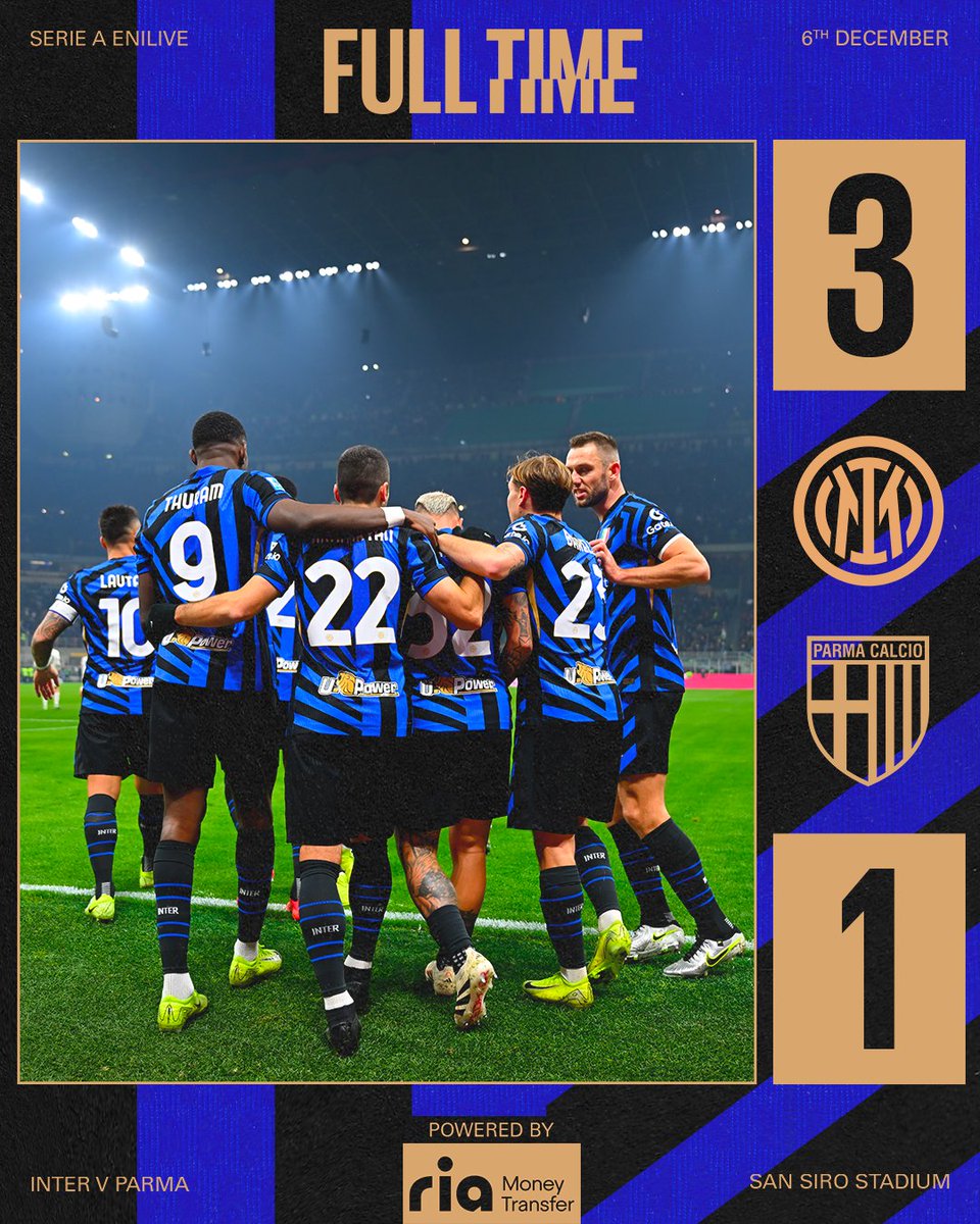 Inter's tweet image. 3️⃣ gol🟰3️⃣ punti 👏

Powered by @RiaFinancial 
#ForzaInter #InterParma