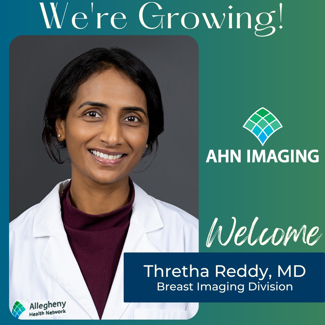 We would like to welcome Dr. Thretha Reddy to the AHN Imaging Institute Breast Division!
Welcome to the team!
#AHNImaging <a href="/AHNRadRes/">AHN Diagnostic Radiology Residency</a> <a href="/AHNToday/">AHN</a> #WeAreGrowing #NewHire #NewRadiologist #Radiologist