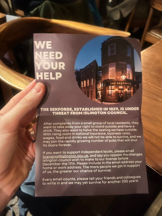 Not only is the #Sekforde in #clerkenwell #ec1 a great pub, it also has a mentorship scheme for young people. If the pub is made unviable that will go as well as 200 years of hospitality. Write to <a href="/IslingtonBC/">Islington Council</a> to keep the pub alive #pub #londonpubs <a href="/TheSekforde/">The Sekforde</a>