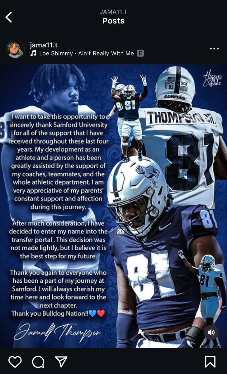 Samford DL Jamall Thompson is entering the transfer portal per his IG. 

Jamall had 26 total tackles, 8 TFLs and 6 sacks in 2024.
