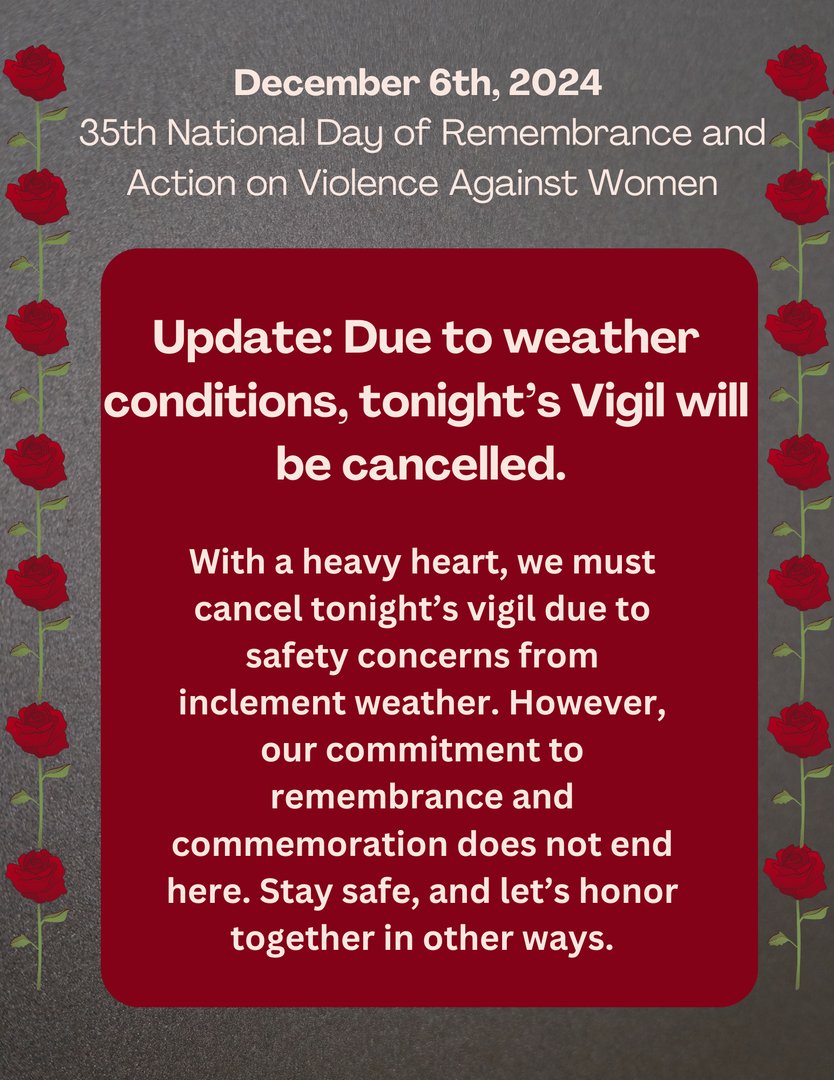 ChangingWaysOnt's tweet photo. Due to inclement weather and safety concerns, tonight’s vigil has been canceled. 💜 While we cannot gather in person, our commitment to remembrance and honoring those impacted remains strong. Stay safe, and let’s continue to commemorate in meaningful ways. #EndGBV #StaySafe https://t.co/8hjDnuxdaH