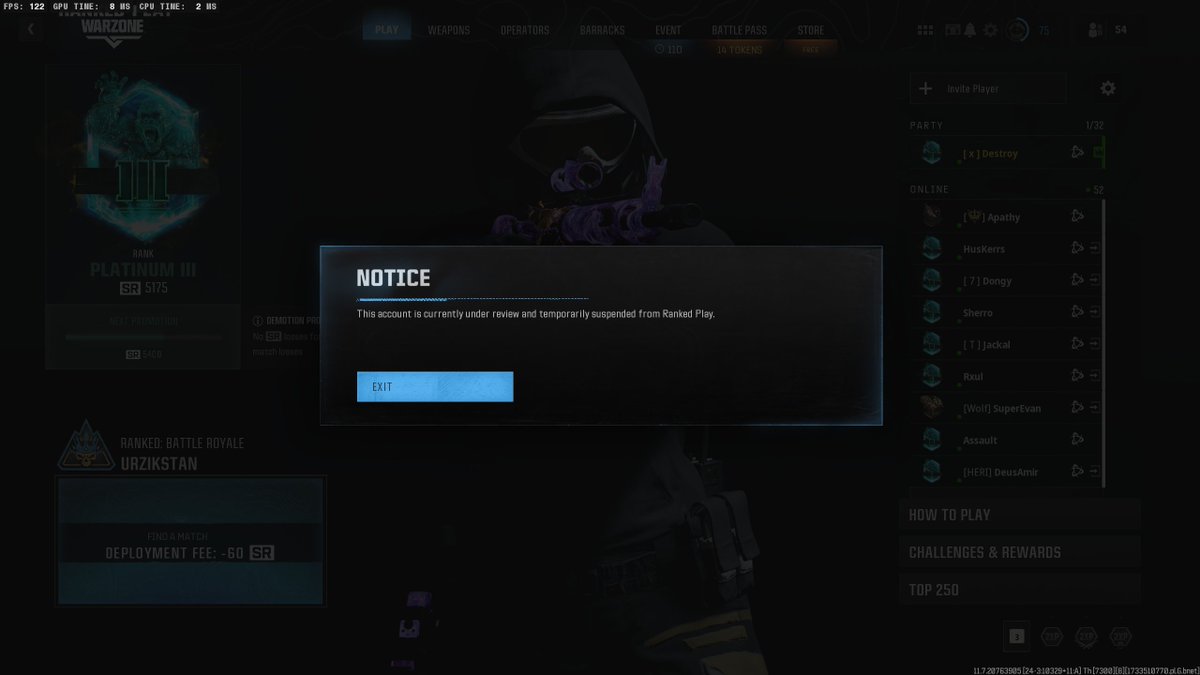 Destroy_215's tweet image. TRIED ENJOYING MY RANKED EXPERIENCE SO FAR! WE LOVE CODDDDDDDDD!! WOOOOO!!! FIX THE SHADOW BAN SYSTEM!?! #Blackops6 #Warzone