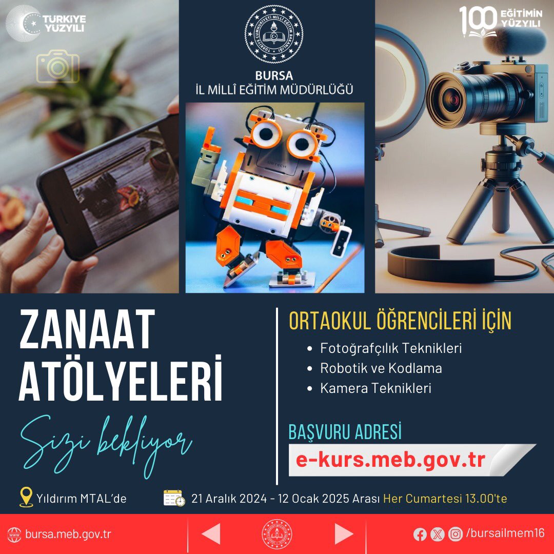 ✨Ortaokul 7. ve 8. Sınıf öğrencilerimize temel meslek becerilerini keşfetme imkânı sunan "Zanaat Atölyeleri", Bursa'daki meslek liselerimizde yürütülecek kurslarla devam ediyor.

Başvurular 👉 e-kurs.meb.gov.tr

<a href="/tcmeb/">Millî Eğitim Bakanlığı</a> @MeslegimHayatim <a href="/Alireisoglu34/">Dr. Ahmet ALİREİSOĞLU</a>