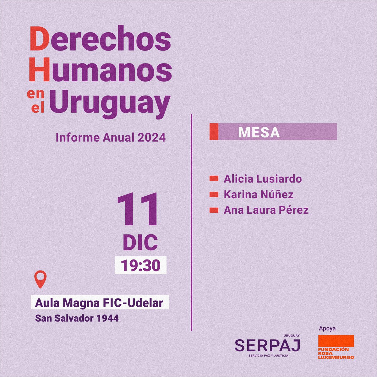 📚El miércoles 11 de diciembre estaremos presentando el Informe Anual 2024 Derechos Humanos en el Uruguay

Mesa
Alicia Lusiardo
Karina Núñez
Ana Laura Pérez 

⏱️19:30 
📍Aula Magna de la <a href="/FicUdelar/">ficudelar</a> 

¡Te esperamos!