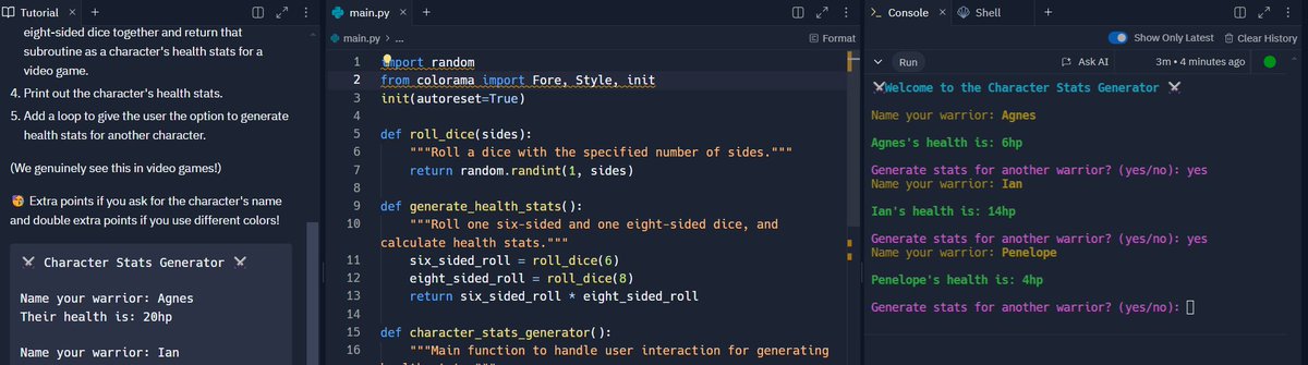 AngelinePoitout's tweet image. Built a character health stats generator to prepare for the epic battle in X days ⚔️
Day 25 of #Replit100DaysOfCode #100DaysOfCode