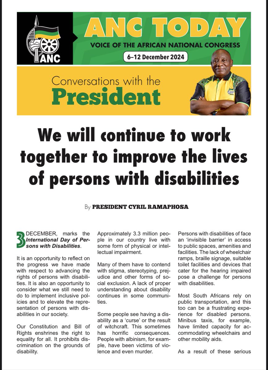 MYANC's tweet photo. This week in ANC Today:

“We will continue to work together to improve the lives of persons with disabilities” - by President Cyril Ramaphosa

Link to full article here: https://t.co/lRDlECw63M

#RamaphosaOurPresident 
#LetsDoMoreTogether https://t.co/kDl7Y14IVQ