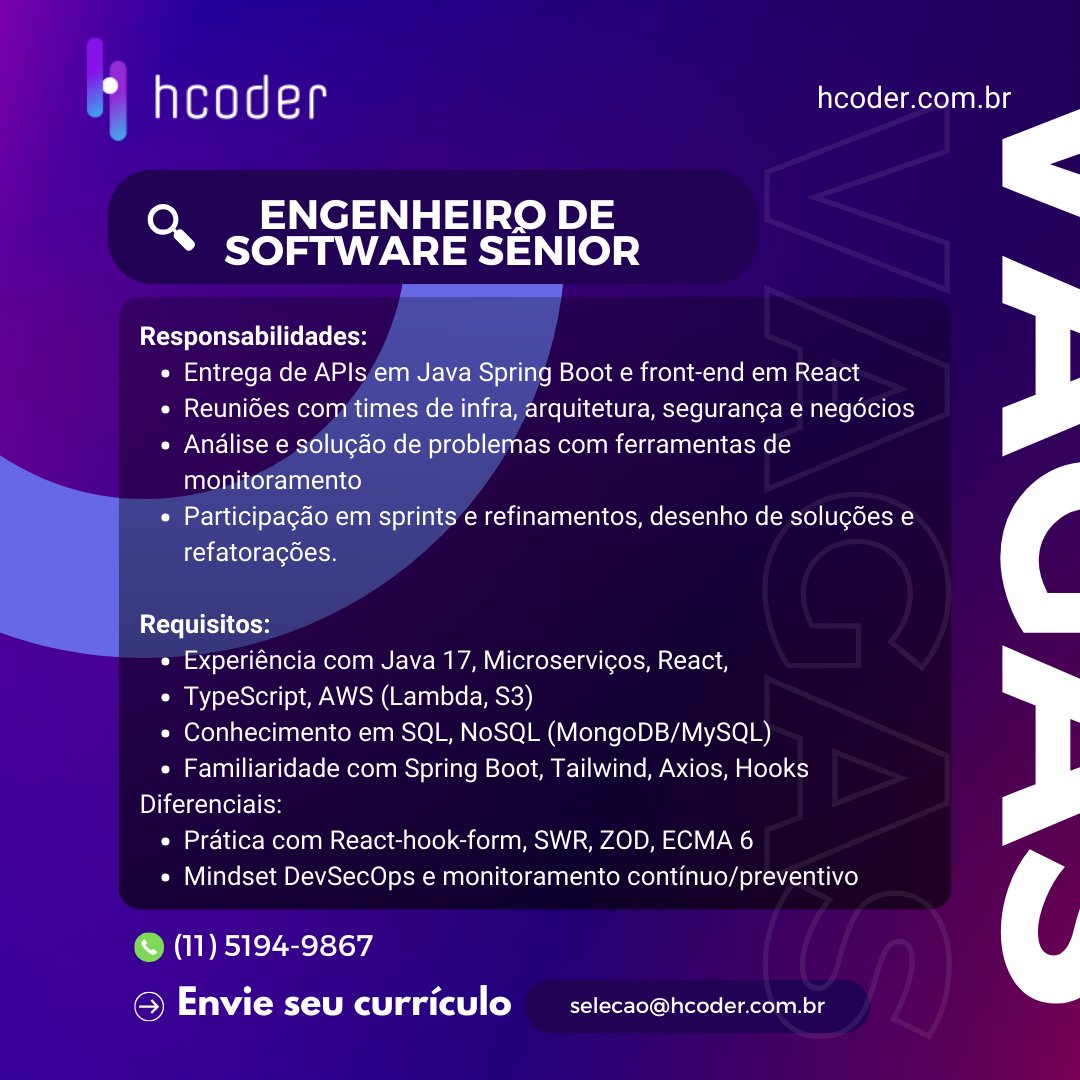 HcodeRBr's tweet image. Engenheiro de Software Senior
Local de Trabalho: São Paulo (Campos Elíseos) – formato híbrido 
Modelo de Contratação: CLT + PJ
Remuneração: A combinar
Início: Imediato
#VagasDeTI #EngenheiroDeSoftware #TechJobs #HcodeR #OportunidadesDeCarreira