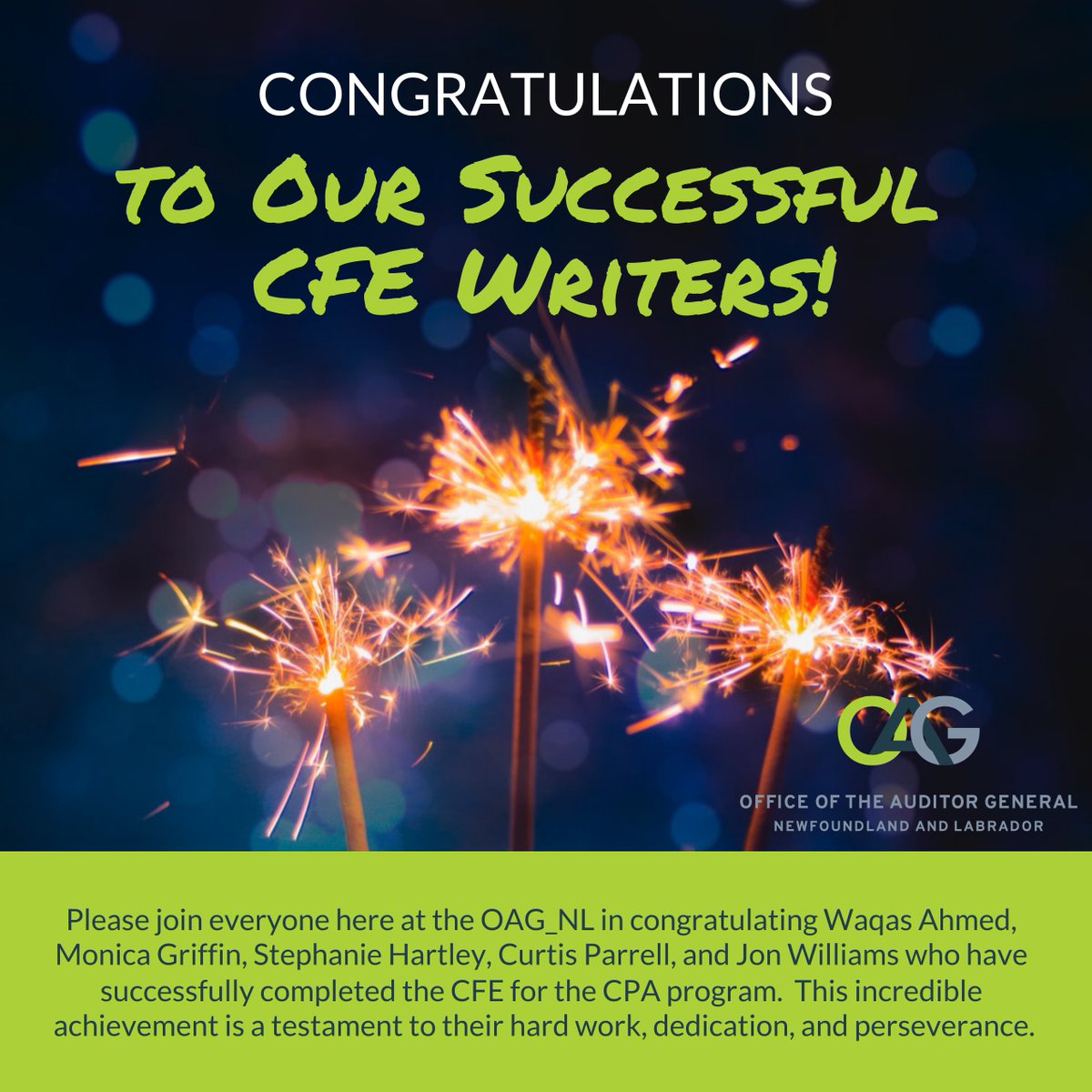 Please join us in congratulating Waqas Ahmed, Monica Griffin, Stephanie Hartley, Curtis Parrell, and Jon Williams who have successfully completed the CFE for the CPA program.  This incredible achievement is a testament to their hard work, dedication, and perseverance.