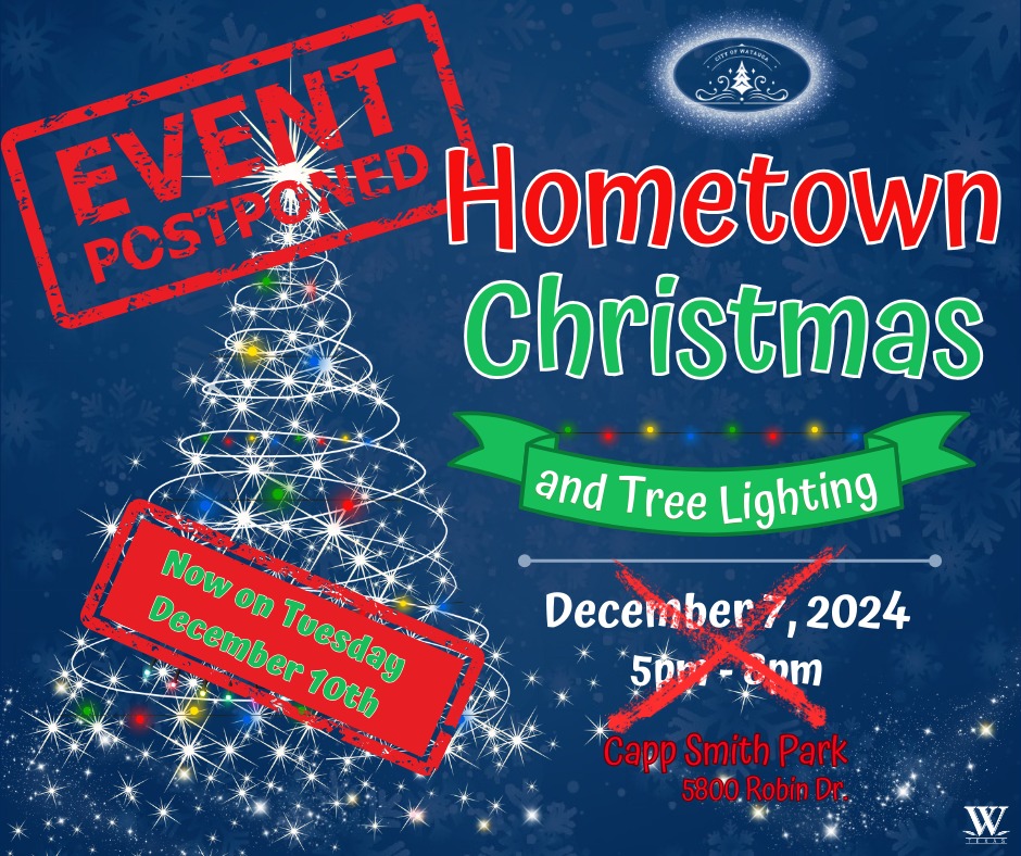 Due to the weather forecast, we have adjusted this year’s Hometown Holiday event.
It will now take place on Tues, Dec 10, from 6 PM to 7:45 PM.
 6:05 PM – Tree Lighting
 Fireworks immediately following the Tree Lighting
 6:15 PM – Santa Arrives
Thank you for your understanding.