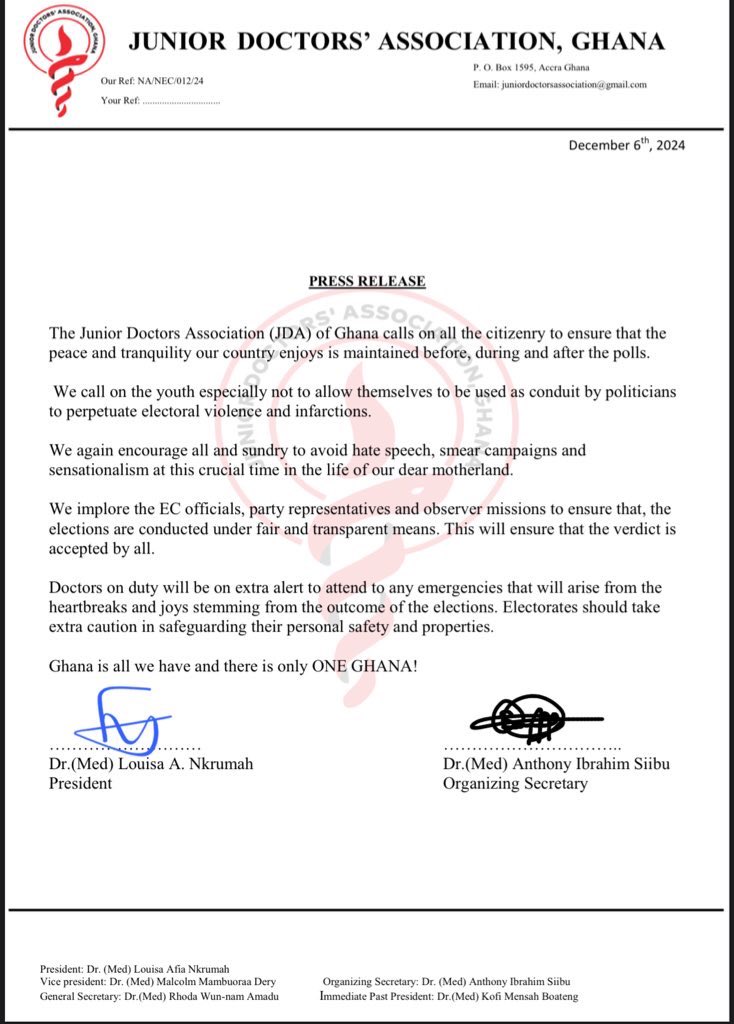 ‼️‼️‼️‼️PRESS RELEASE

THE JDA IS ALL OUT FOR PEACE TOMORROW.  LET’S CREATE AWARENESS AMONG THE PUBLIC. PEACE ISN’T A NAME. IT’S THE WORD ON THE STREETS TOMORROW. GO OUT AND VOTE PEACEFULLY. GOD BLESS THE MOTHERLAND. GNANA FIRST 🇬🇭🇬🇭
<a href="/tv3_ghana/">#TV3GH</a> <a href="/ghonetv/">GHOne TV</a> <a href="/Citi973/">CITI FM 97.3</a> <a href="/JoyNewsOnTV/">JoyNews</a>