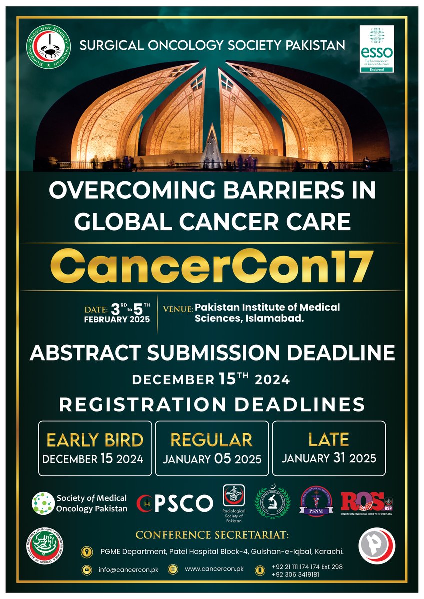 Young Surgeons Advisory Committee (YSAC) (@ysac_pk) on Twitter photo Less than 10 days to go. Submit your abstracts to #CancerCon17 at cancercon.pk/call-for-abstr…
<a href="/SOS_Pk/">Surgical Oncology Society Pakistan. SOSPK</a> Annual #Cancer Conference at PIMS 03 - 05 Feb 2025
#virtualpresentation also possible
#MultidisciplinaryCare <a href="/EYSAC1/">EYSAC</a> <a href="/ZubairKhanzada1/">Zubair S Khanzada</a> <a href="/hjmajid/">Haroon Javaid Majid</a> <a href="/mariyah_anwer/">Mariyah Anwer</a> <a href="/surgirfan/">Irfan Nasir</a> Less than 10 days to go. Submit your abstracts to #CancerCon17 at cancercon.pk/call-for-abstr…
<a href="/SOS_Pk/">Surgical Oncology Society Pakistan. SOSPK</a> Annual #Cancer Conference at PIMS 03 - 05 Feb 2025
#virtualpresentation also possible
#MultidisciplinaryCare <a href="/EYSAC1/">EYSAC</a> <a href="/ZubairKhanzada1/">Zubair S Khanzada</a> <a href="/hjmajid/">Haroon Javaid Majid</a> <a href="/mariyah_anwer/">Mariyah Anwer</a> <a href="/surgirfan/">Irfan Nasir</a>