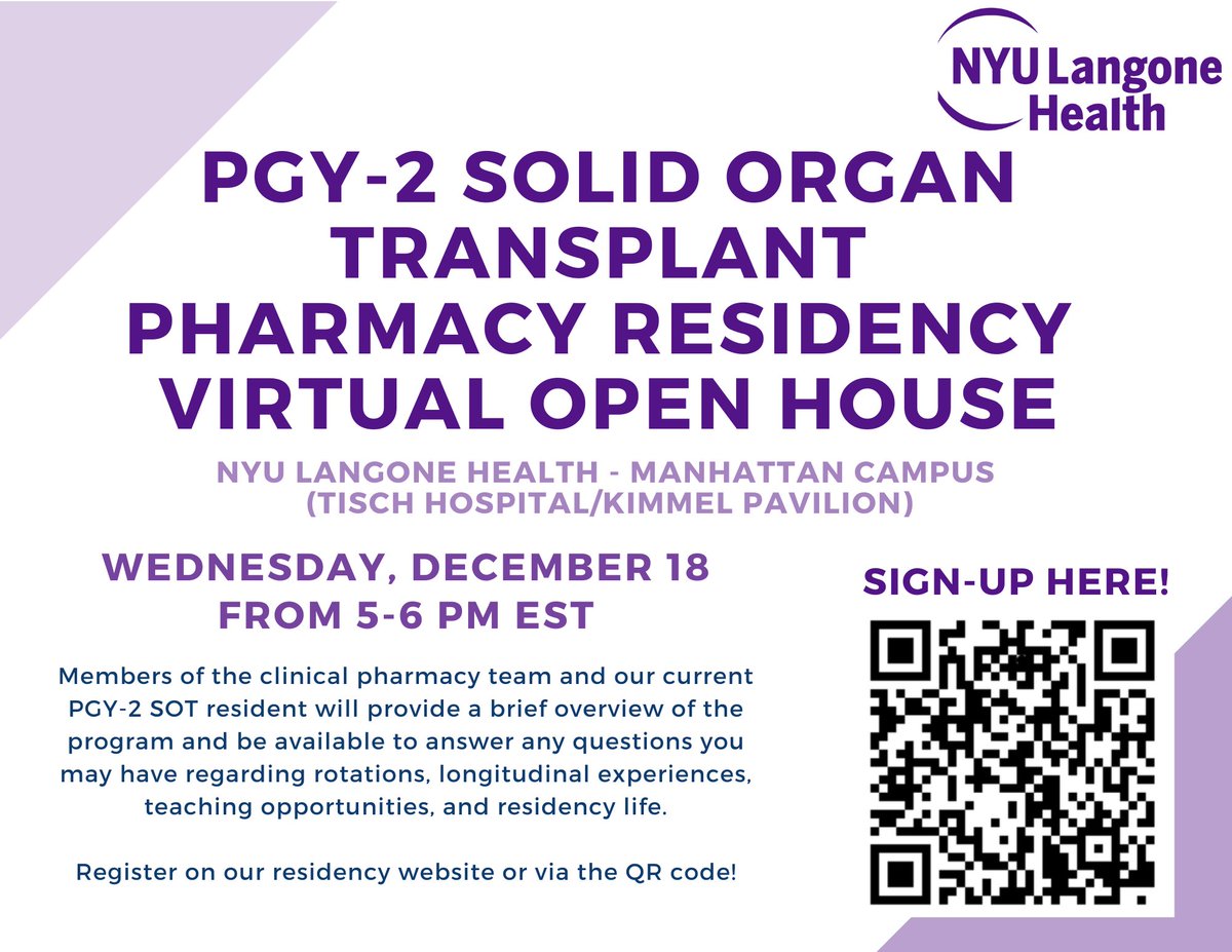 NYUPharmRes's tweet photo. We will be holding a virtual open house session for our PGY-2 Solid Organ Transplant Pharmacy Residency program on December 18th from 5-6PM EST.

Please register to attend: https://t.co/sFbiRmUBMt

We hope to see you there! https://t.co/ETL1Jvn7u8