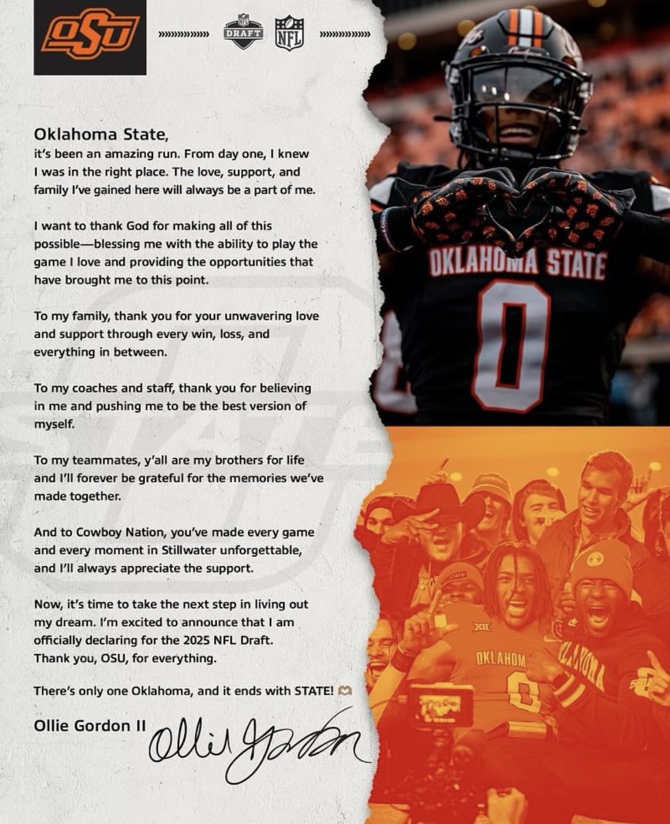 AshtonS_OK's tweet photo. As expected, Ollie Gordon II declares for the 2025 NFL Draft, per his Instagram. #OKState https://t.co/jpWiIr165X