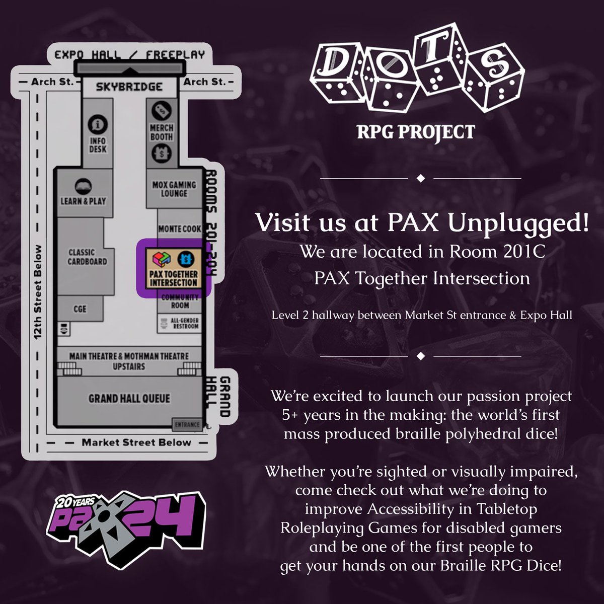 DOTSrpg's tweet photo. Today is the official launch of our long-awaited #BrailleDice 🎉 Come find us at #PAXUnplugged to test them out and pick up a set! We’re in the PAX Together Intersection and have tons of dice, dragon goodies, and other fun stuff 💜 https://t.co/kSEXMJ6LhK