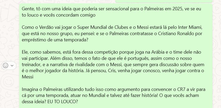 Imagina o PALMEIRAS contratando o CRISTIANO RONALDO para jogar o Super Mundial de Clubes em 2025! Contra o Messi no Inter Miami, no nosso grupo, CR7 (Al-Nassr) tá fora. CR7 e Abel (portugueses). Os melhores da história. Narrativa ta pronta. <a href="/leilapereiralp/">Leila Pereira</a> POR FAVOR (compartilhem