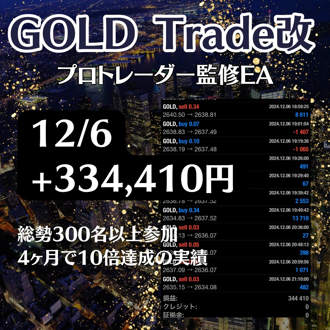 🔥SNS大ヒット中の人気EA🔥

◤◢◤◢◤◢◤◢◤◢◤◢

　🔥GOLD Trade改🔥

◤◢◤◢◤◢◤◢◤◢◤◢

12/6
+334,410円
日利33.4％

👑バランスの取れた高性能EA
👑トレール機能で損小利大
👑300名以上が愛用中

EA受取はプロフURLより👍
Grok #カビュウ
