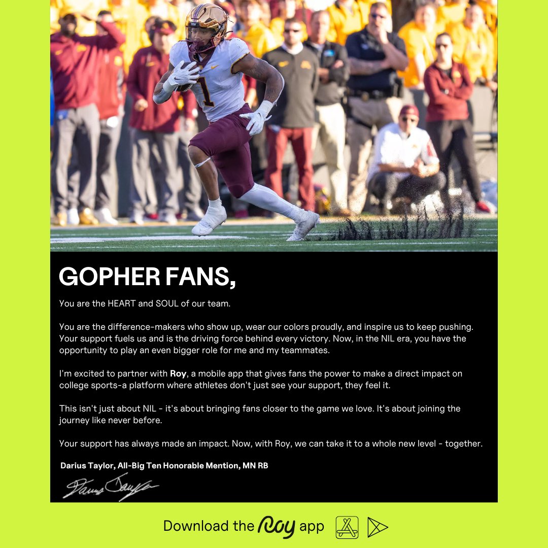 Gopher Fans, I’m not going anywhere, and if you love this team as much as I do, here’s your chance to make an impact!

#Roypartner
 
Download the Roy app to directly support me and my teammates. <a href="/Roy_ReturnOnYou/">Roy - Return On You</a> 
 
Click Here: apps.apple.com/us/app/roy-app…