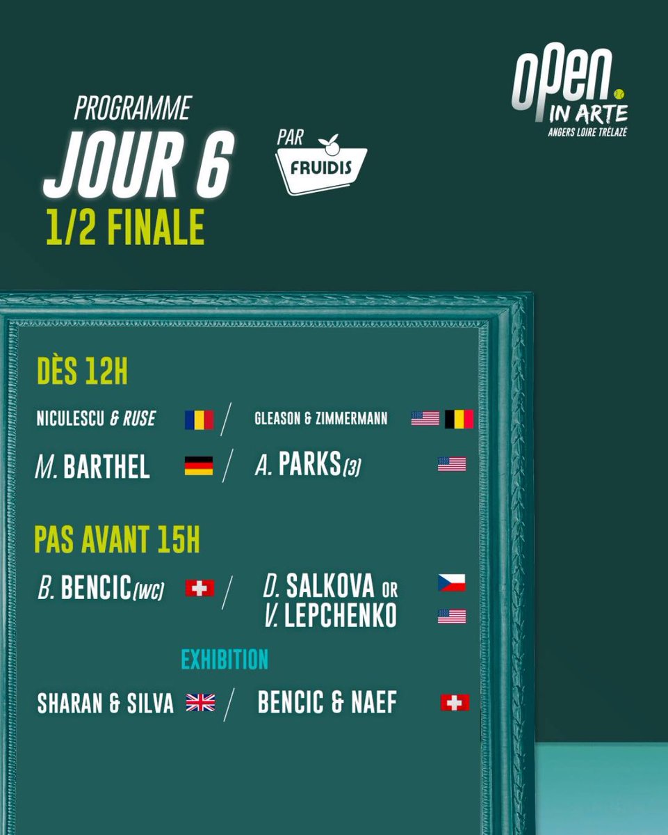 Les demi-finales vous donnent rendez-vous demain !

➡️ NICULESCU &amp; RUSE VS GLEASON &amp; ZIMMERMANN

➡️ BARTHEL VS PARKS

➡️ BENCIC VS LEPCHENKO OU SALKOVA 

➡️ BENCIC &amp; NAERF VS SHARAN &amp; SILVA 

Ouverture des portes dès 11h00 à l'Arena Loire !