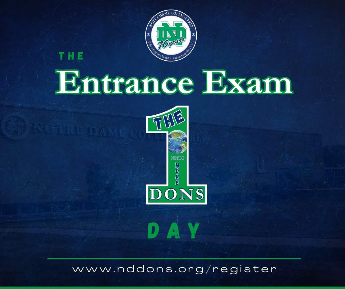 nddons's tweet photo. The 8th Grade Entrance Exam is tomorrow! We can't wait to see all you #FutureDons !
There's still time to register at https://t.co/lbhHWJ9d5K !
#TheWorldNeedsMoreDons https://t.co/nRRbiA9ig9