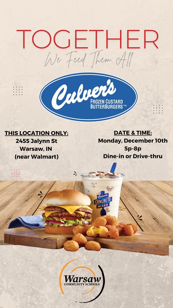Posted: December 6, 2024
Monday is Culver's Giveback.
Please share on your socials with friends and families.
#wcsinspires
#LakeviewInspires #Togetherwefeedthemall