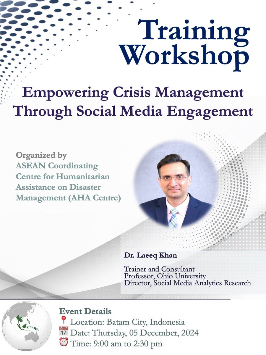 SMARTlabOhioU's tweet photo. Our Director, @drlaeeqkhan delivered an impactful workshop for the ASEAN Coordinating Centre for Humanitarian Assistance (AHA Centre). Bringing together 50 experts from 10 ASEAN nations, the session focused on disaster preparedness, logistics, ICT, &amp; more. Proud moment for @ohiou https://t.co/5fVC79t4zR
