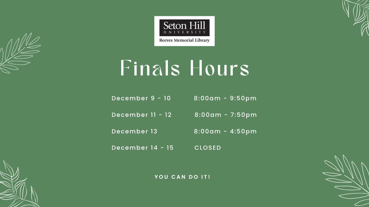 ReevesLib's tweet photo. Next week is finals! Our hours adjust as our student aides wrap up and head home for the break. Note: These hours only apply to the Library office and the rooms with the books, NOT all of Reeves.

Dec 9-10: 8am-9:50pm
Dec 11-12: 8am-7:50pm
Dec 13: 8am-4:50pm
Dec 14-15: CLOSED https://t.co/ncg8hEaBXg