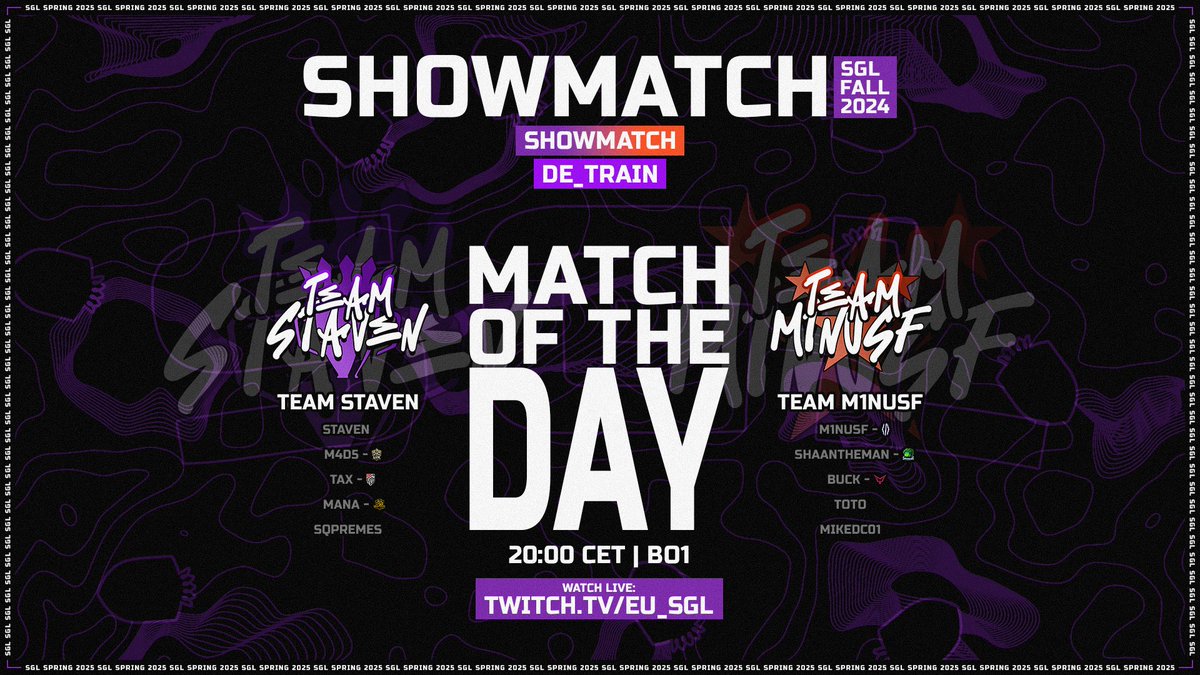 EU_SGL's tweet image. Ladies and Gentlemen,
It&apos;s (show)match day!

Tune in on Twitch &amp;amp; Kick to watch Team Staven and Team M1nusF battle it out on de_train!
📺: twitch.tv/eu_sgl &amp;amp; kick.com/eu_sgl | 🎙️: @Spectrioncasts 

Team Staven
🇩🇪Staven 
🇩🇰M4d5 from @LUXEsportgg
🇩🇪tax from @csdeCS…