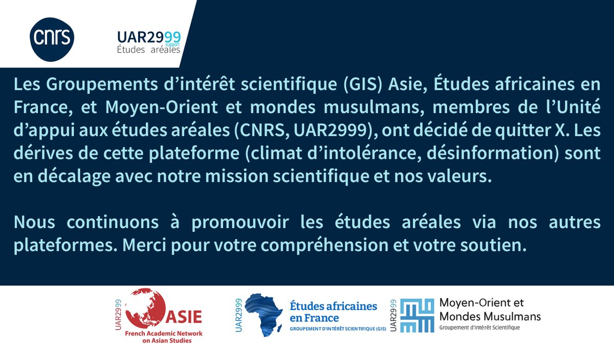GIS Asie (@gisreseauasie) on Twitter photo Les GIS Asie, <a href="/GisAfrique/">GIS Études africaines</a> et <a href="/GisMoyenOrient/">GIS Moyen-Orient et mondes musulmans - GISMOMM</a> quittent X. Retrouvez-nous sur nos autres réseaux sociaux. Les GIS Asie, <a href="/GisAfrique/">GIS Études africaines</a> et <a href="/GisMoyenOrient/">GIS Moyen-Orient et mondes musulmans - GISMOMM</a> quittent X. Retrouvez-nous sur nos autres réseaux sociaux.