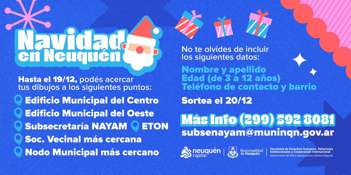 ☘️Si tenes entre 3 y 12 años prepara tu #DibujoNavideño y busca la urna más cercana para dejarlo !!
☘️El 20/12 por redes de la #Muni hacemos el sorteo de importantes #Premios para los niños y niñas de la ciudad !!
☘️☘️Si sale tu dibujo, te llevamos el premio a tu casa !!! 🎄🎄🎄