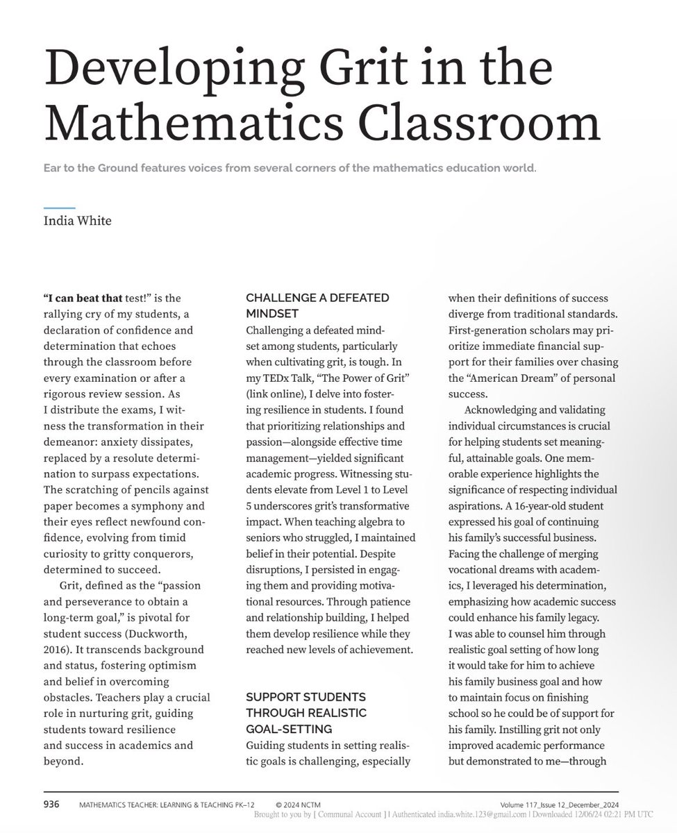 DrIndiaMath's tweet photo. π So honored to have my article on Grit featured in this month's @NCTM Teaching and Learning Journal! π Iβm incredibly grateful to the Lord and to everyone in the tribeππ
#drindiawhite #nctm #ncsm #bwxme #grit #tedx #bcamt #scctm #fctm #natm #cmcsouth
https://t.co/7pzUBzlkg9 https://t.co/5eM9hizTgC