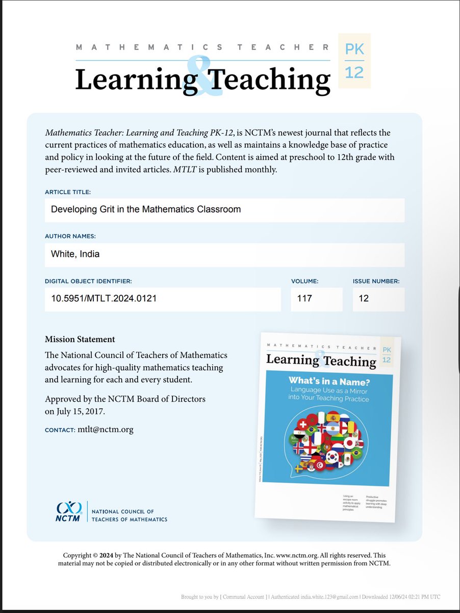 DrIndiaMath's tweet photo. π So honored to have my article on Grit featured in this month's @NCTM Teaching and Learning Journal! π Iβm incredibly grateful to the Lord and to everyone in the tribeππ
#drindiawhite #nctm #ncsm #bwxme #grit #tedx #bcamt #scctm #fctm #natm #cmcsouth
https://t.co/7pzUBzlkg9 https://t.co/5eM9hizTgC