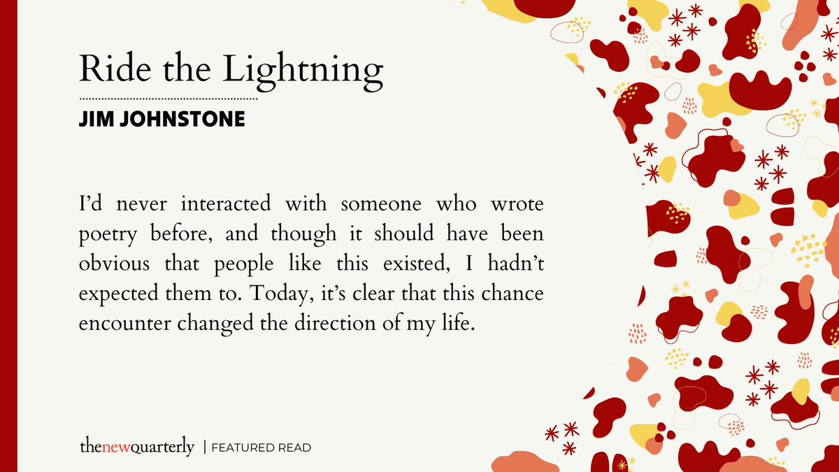 Featured this week in The New Quarterly is Jim Johnstone's "Ride the Lightning", click here to read the full essay: tnq.ca/story/ride-the…